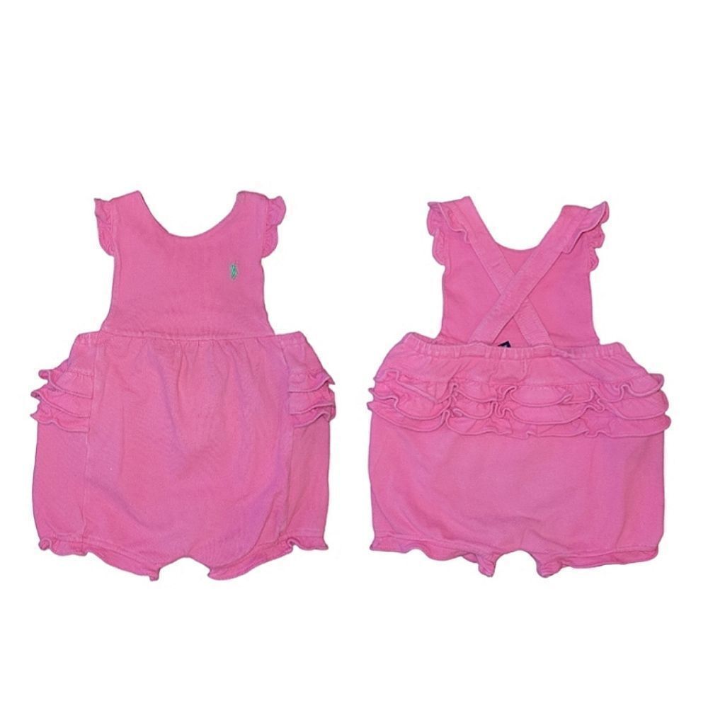 Ralph Lauren Overall Ruffle Bubble Romper 12m Overall Pink Green Pony